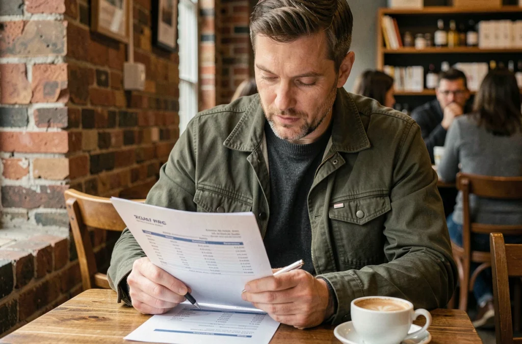 Chef d'entreprise lisant attentivement une offre de crédit professionnel Avanseo dans un café