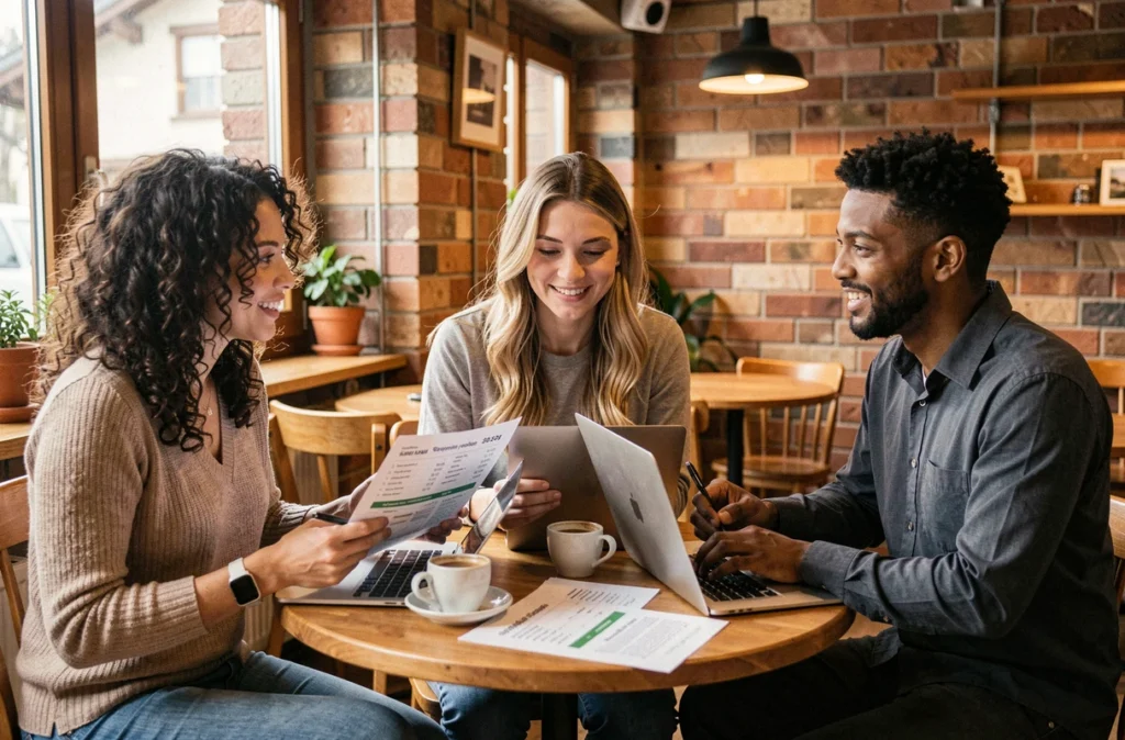 Groupe de collègues expatriés discutant des salaires minimum en Suisse autour d'un café, comparaison des niveaux de vie pour s'installer en Suisse en 2026