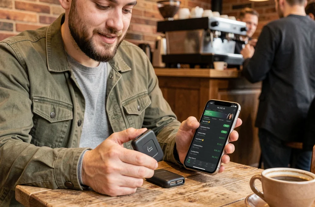 Homme comparant deux portefeuilles crypto physiques dans un café urbain avec son smartphone