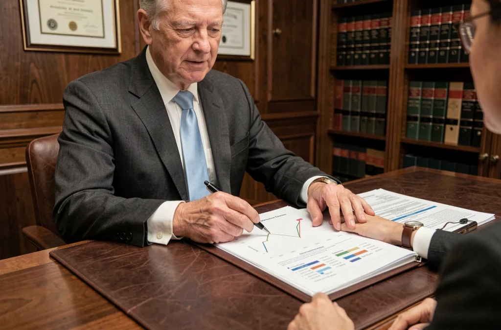 Conseiller financier présentant un bilan d'investissement immobilier neuf avec des documents de financement dans un bureau professionnel
