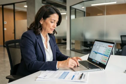 Conseillère financière analysant les frais et taux d'un crédit professionnel Avanseo sur son ordinateur portable