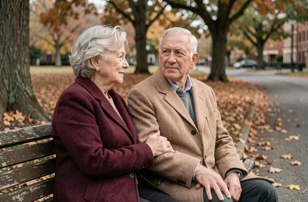 Couple âgé assis sur un banc de parc symbolisant le soutien financier du conjoint survivant
