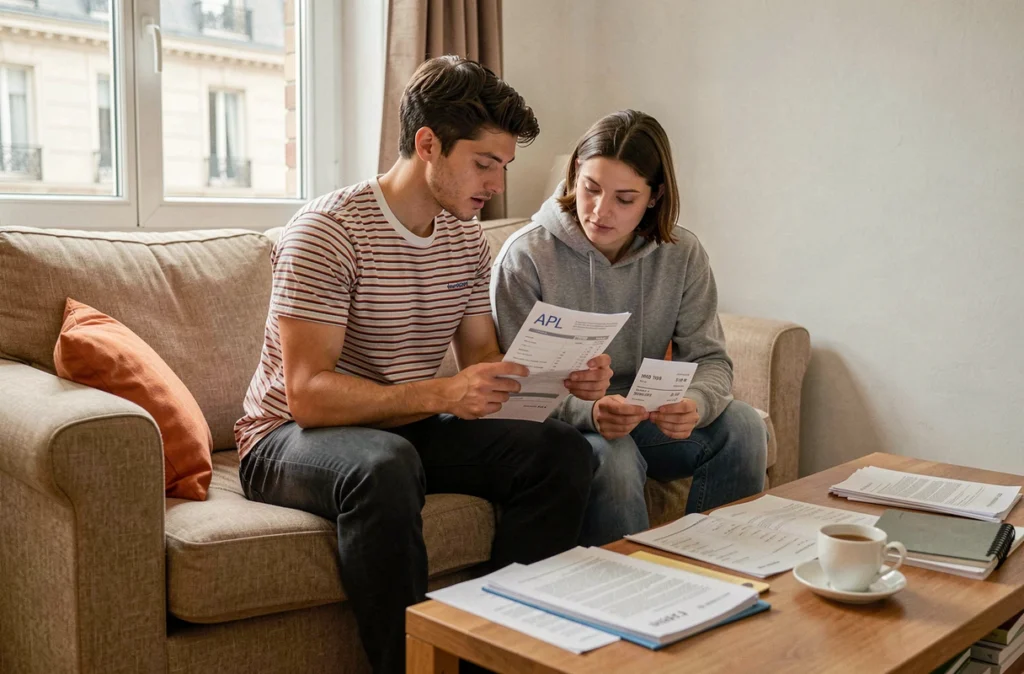 Jeune couple de locataires en secteur privé examinant leur simulation d'APL et quittance de loyer dans leur appartement