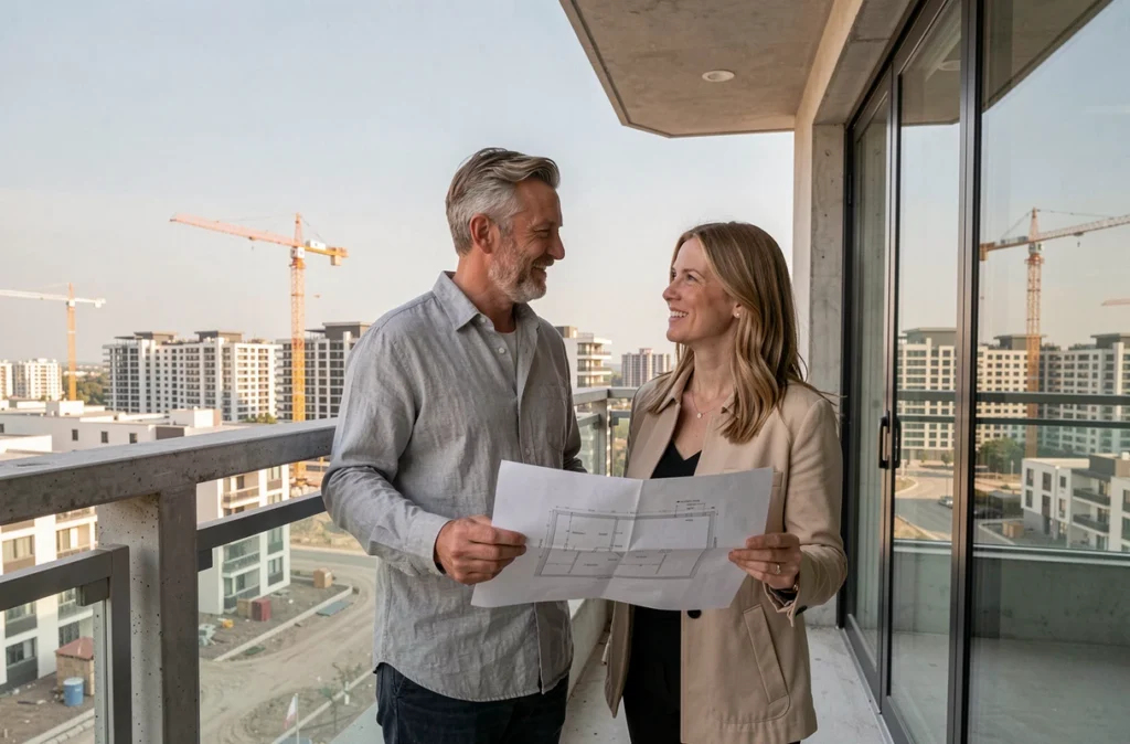 Couple visitant un appartement neuf en construction, tenant un plan de sol sur le balcon d'un programme immobilier moderne