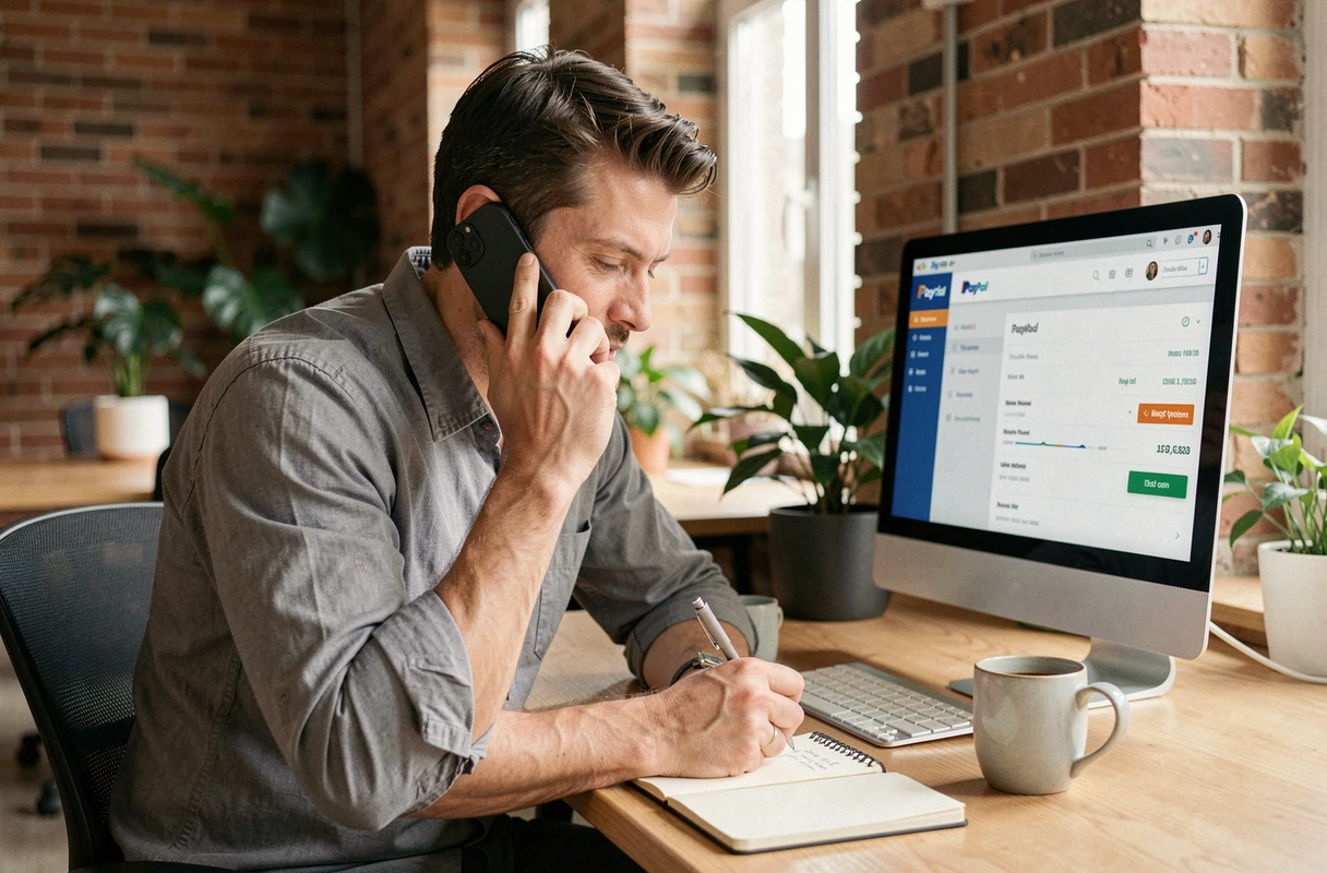 Entrepreneur masculin contactant le support téléphonique PayPal pour professionnels dans un espace de coworking