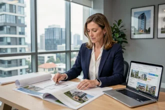 Femme professionnelle étudiant des plans immobiliers et des brochures dans une agence immobilière moderne pour investir dans le neuf