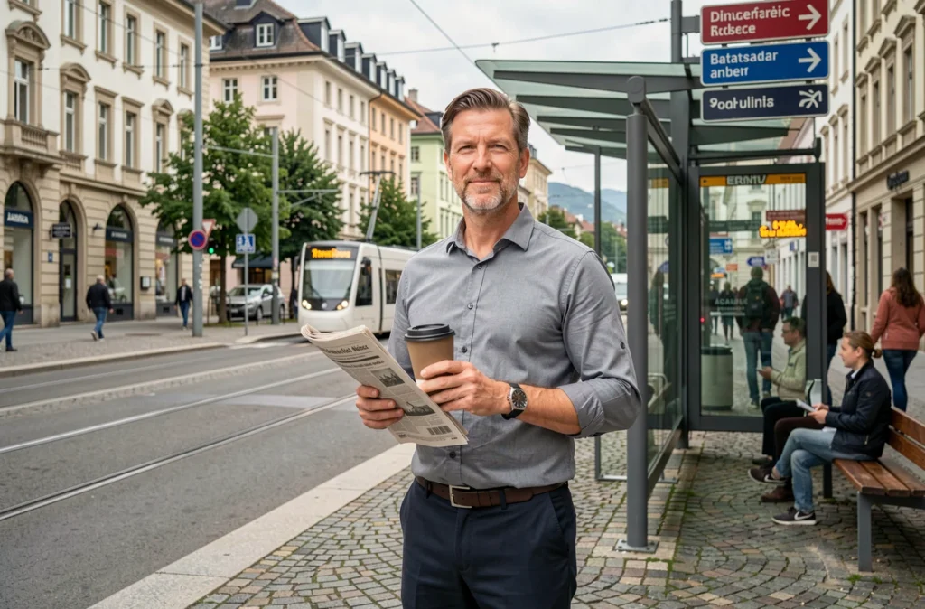 Homme expatrié en attente du tram à Genève, représentant la vie quotidienne d'un travailleur étranger en Suisse avec le contexte des salaires minimum 2026