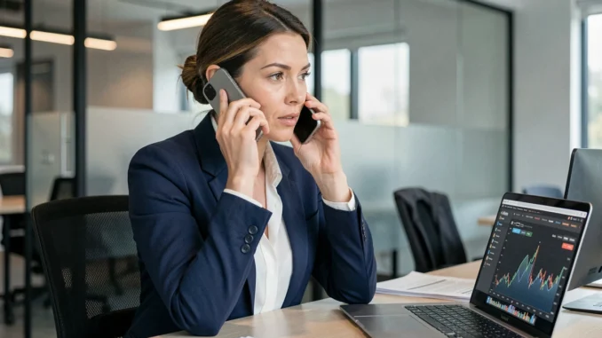 Femme d'affaires professionnelle téléphonant au service client PayPal entreprise depuis son bureau moderne