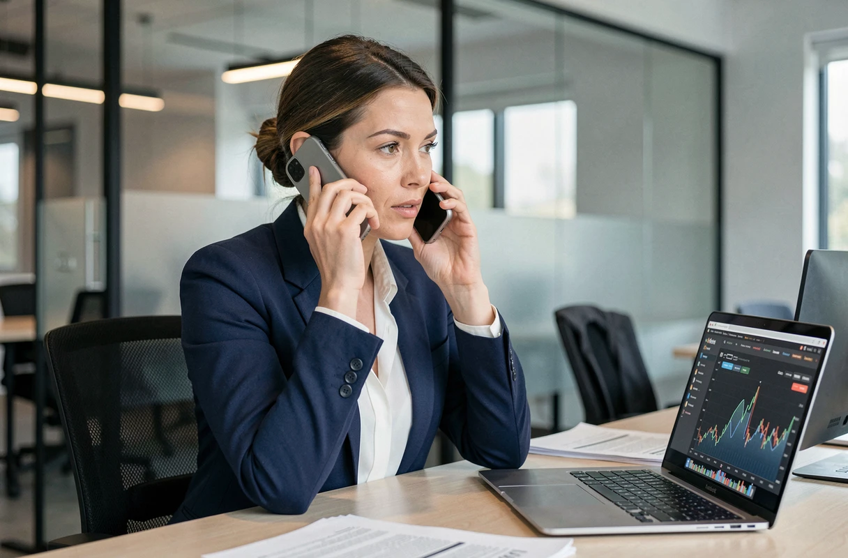 Femme d'affaires professionnelle téléphonant au service client PayPal entreprise depuis son bureau moderne