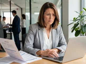 Femme cadre examinant des documents liés à ses droits au chômage alternant avec des périodes d'emploi
