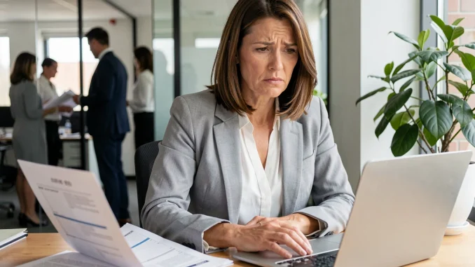 Femme cadre examinant des documents liés à ses droits au chômage alternant avec des périodes d'emploi