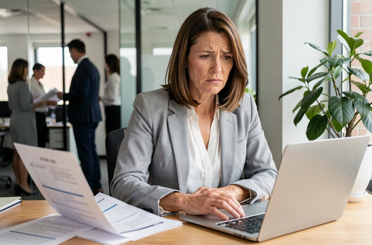 Femme cadre examinant des documents liés à ses droits au chômage alternant avec des périodes d'emploi