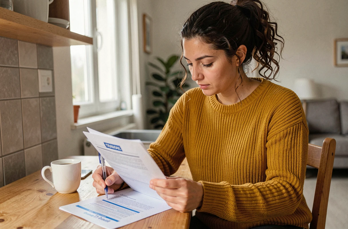 Jeune femme à domicile analysant ses droits aux allocations chômage en alternant périodes de travail et d'inactivité