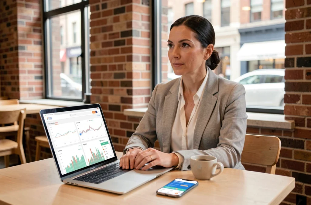 Femme analysant les options d'investissement en bourse sur ordinateur portable dans un café urbain moderne