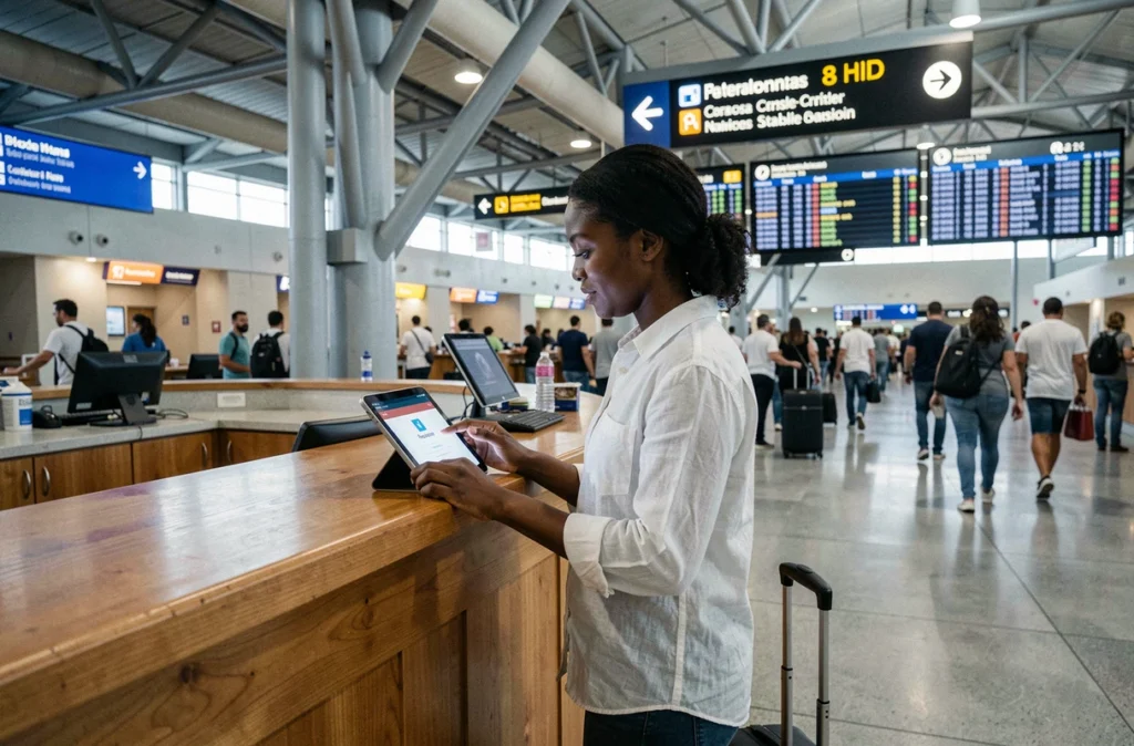 Femme réalisant un paiement en stablecoin sur une tablette dans un terminal d'aéroport international