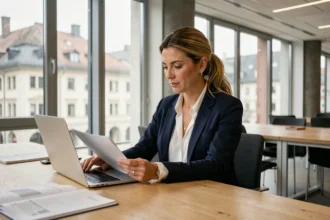 Femme professionnelle travaillant dans un bureau moderne à Zurich en Suisse, illustrant l'expatriation et les salaires minimum suisses en 2026