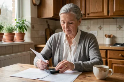 Femme retraitée examinant des documents de pension de réversion à sa table de cuisine