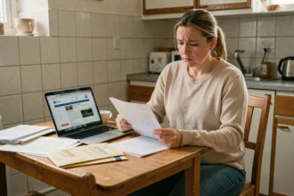 Femme seule examinant des documents administratifs de la CAF concernant le RSA à la table de sa cuisine