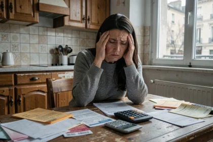 Femme stressée face à des factures impayées et un surendettement à domicile