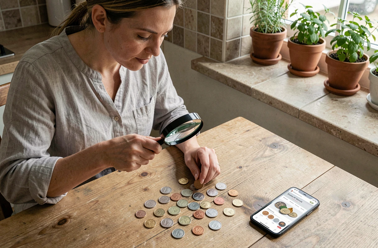 Une femme trie et inspecte plusieurs pièces de 2 euros rares à la loupe sur une table de cuisine en bois, avec un smartphone affichant un site de numismatique