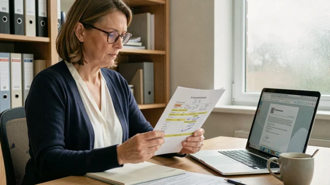 Femme consultant le formulaire 2044 annoté à son bureau à domicile avec un ordinateur portable affichant un PDF fiscal