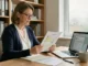 Femme consultant le formulaire 2044 annoté à son bureau à domicile avec un ordinateur portable affichant un PDF fiscal
