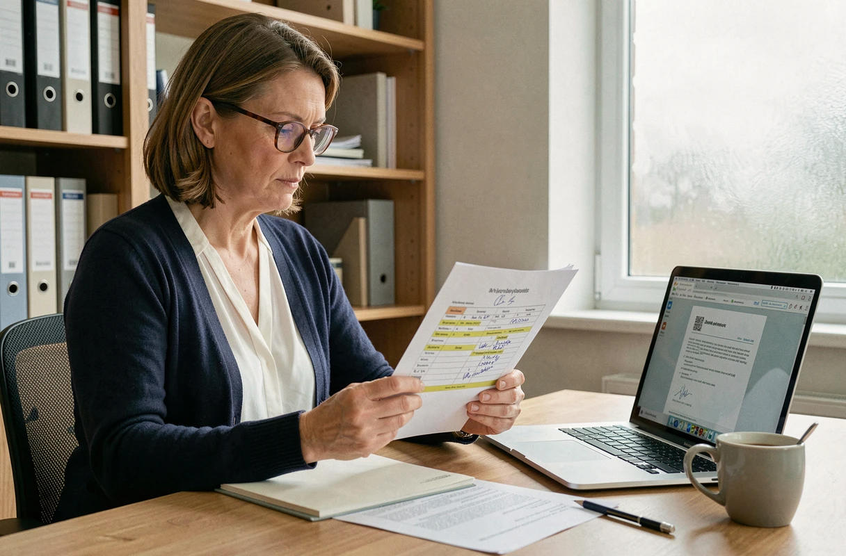 Femme consultant le formulaire 2044 annoté à son bureau à domicile avec un ordinateur portable affichant un PDF fiscal