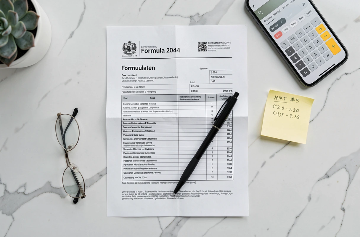 Vue aérienne du formulaire 2044 rempli posé sur un bureau blanc avec stylo lunettes et notes manuscrites