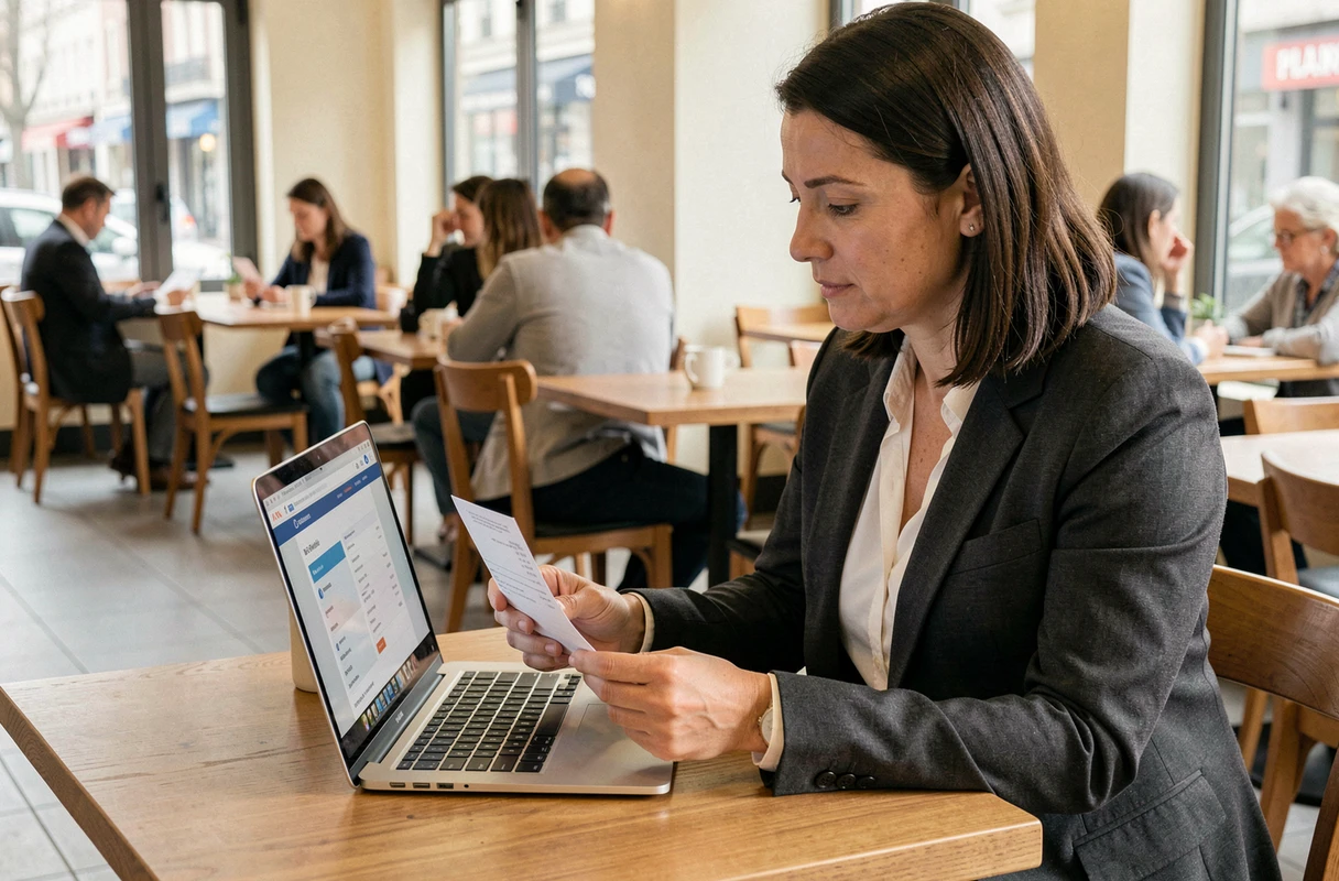 Femme en blazer consultant ses reçus de repas professionnels dans un restaurant pour sa déclaration fiscale
