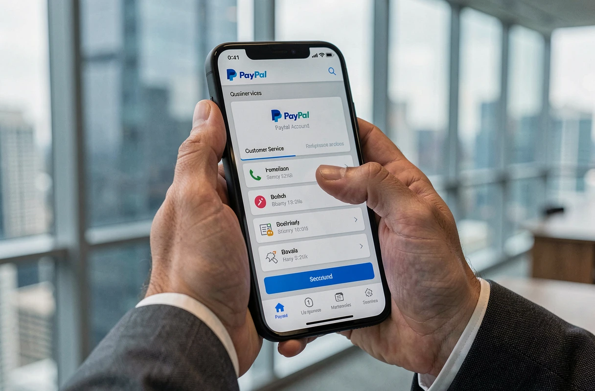 Gros plan d'un smartphone affichant l'interface PayPal entreprise tenu par un professionnel en costume dans un bureau en hauteur