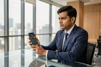 Homme d'affaires consultant une application de stablecoin sur son smartphone dans un bureau moderne avec vue sur la ville