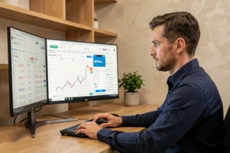 Homme comparant un compte bourse directe et une banque en ligne sur deux écrans dans un bureau à domicile moderne