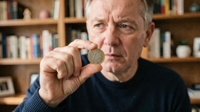 Un homme d'âge moyen examine attentivement une pièce de 2 euros rare entre ses doigts dans un bureau à domicile, se demandant s'il faut la garder ou la vendre