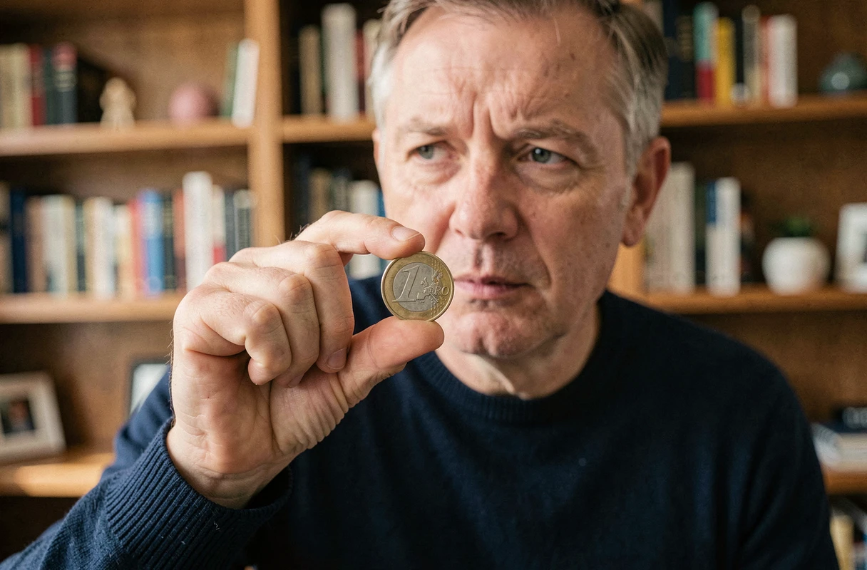 Un homme d'âge moyen examine attentivement une pièce de 2 euros rare entre ses doigts dans un bureau à domicile, se demandant s'il faut la garder ou la vendre