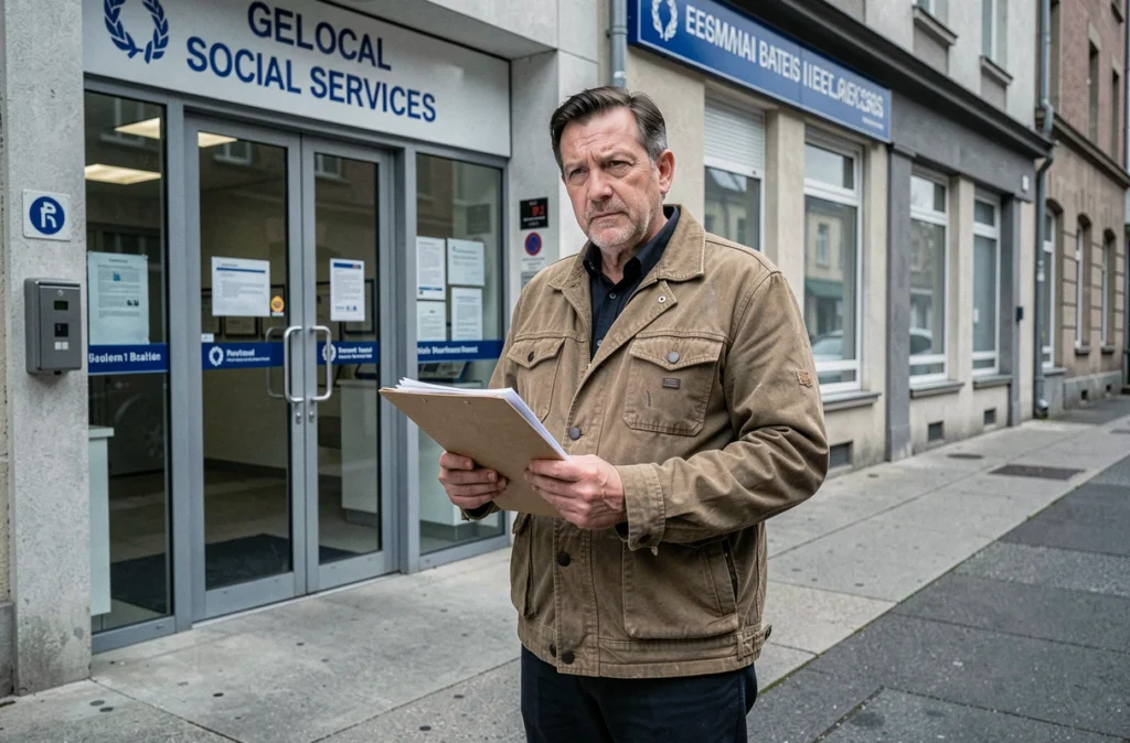 Homme seul devant un bureau des services sociaux tenant un dossier de recours RSA