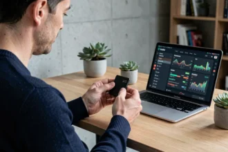 Investisseur tenant un portefeuille physique crypto Ledger dans un bureau moderne à domicile
