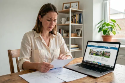 Locataire vérifiant ses documents APL et son contrat de bail sur une table en bois dans un appartement modeste