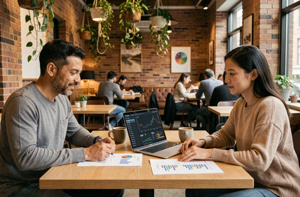 Deux professionnels analysant un tableau de bord de transactions en stablecoins lors d'une réunion dans un café co-working