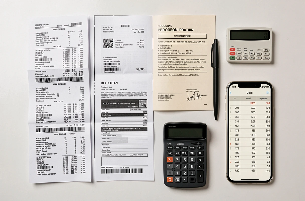 Vue de dessus de reçus de repas, calculatrice et formulaire fiscal pour déclarer les frais professionnels aux impôts 2026
