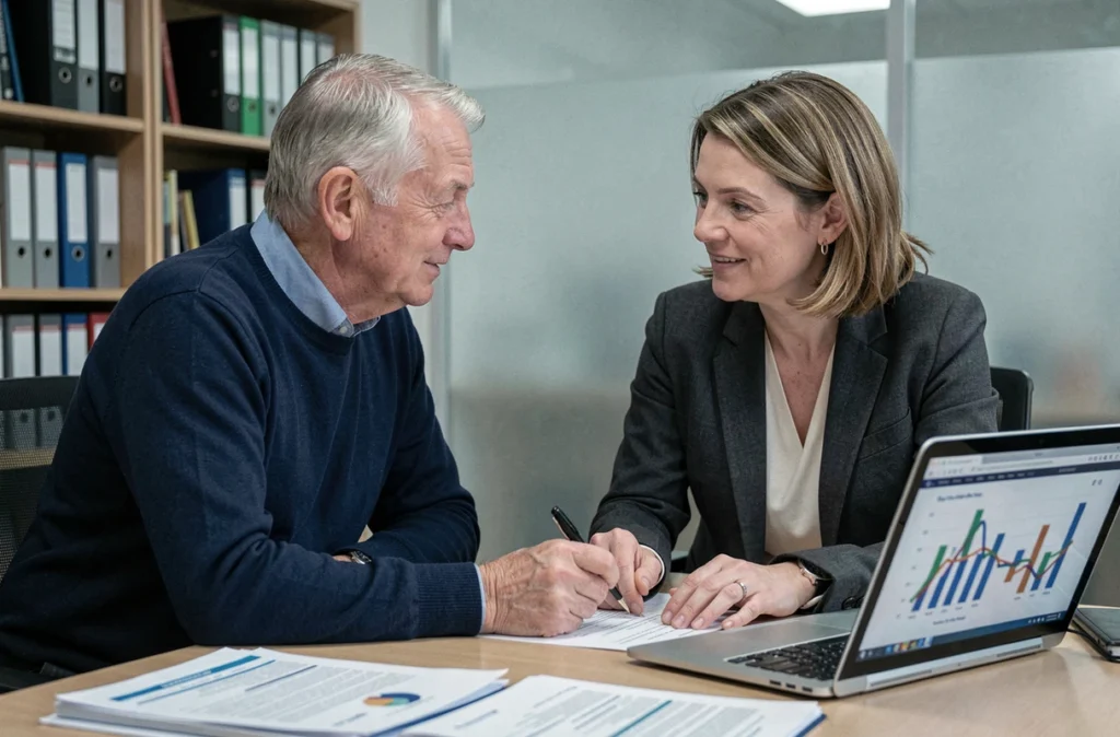 Homme retraité consultant une conseillère financière pour sa demande de pension de réversion