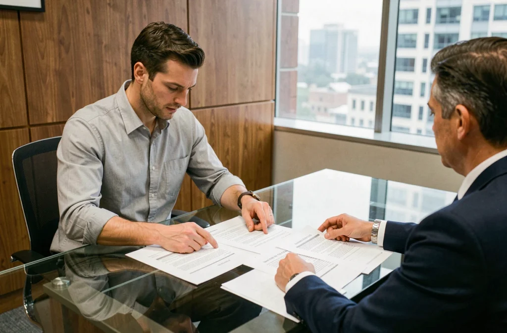 Entrepreneur discutant du coût total d'un crédit professionnel avec un conseiller bancaire