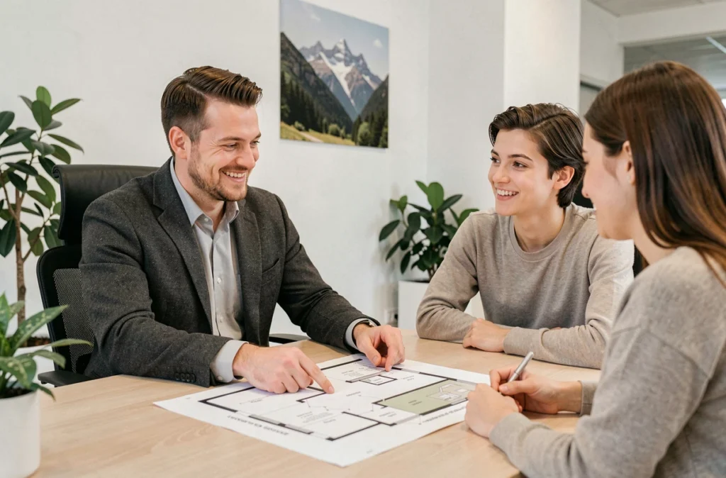 Conseiller d'Accort Immobilier présentant un projet d'investissement locatif à un couple en Haute-Savoie