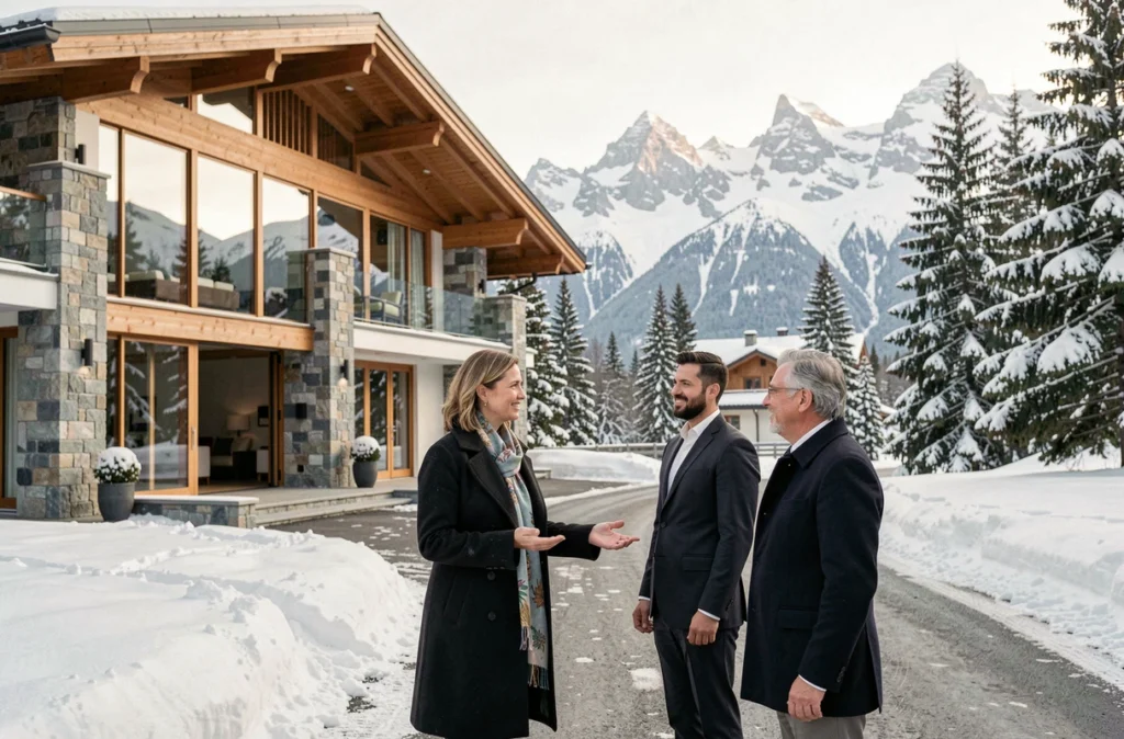 Agente de Barnes Megève présentant un chalet de luxe à des clients fortunés dans la station de Megève