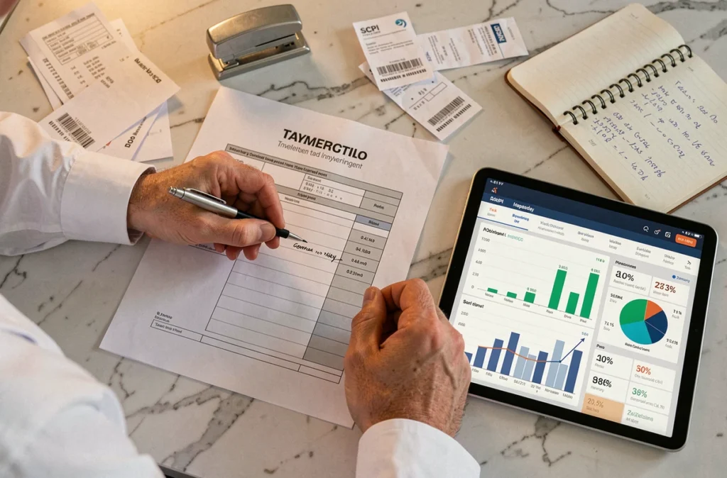 Mains annotant une déclaration d'impôts liée à des parts de SCPI