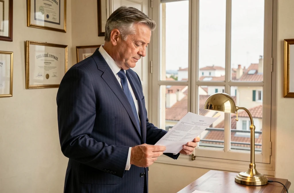 Un conseiller d'Avenir Patrimoine Patrick Lietard consultant un dossier d'investissement avec les toits de Marseille en arrière-plan