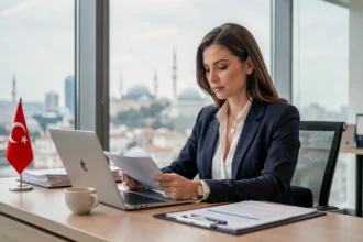 Femme d'affaires consultant un site d'assurance en ligne sur un ordinateur portable dans un bureau moderne à Istanbul en 2026