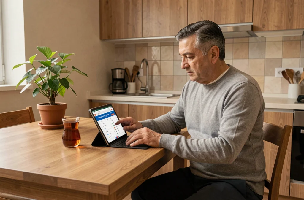 Homme turc comparant des offres d'assurance en ligne sur une tablette dans un appartement moderne en 2026