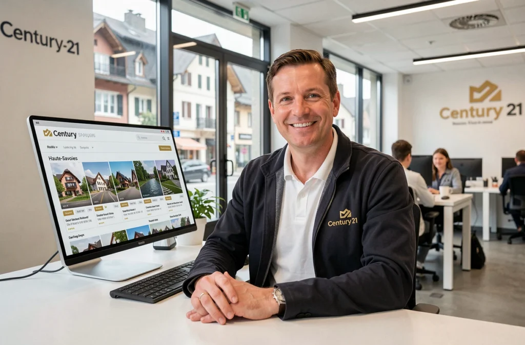 Agent Century 21 Call Home présentant des biens immobiliers locatifs sur écran tactile en Haute-Savoie