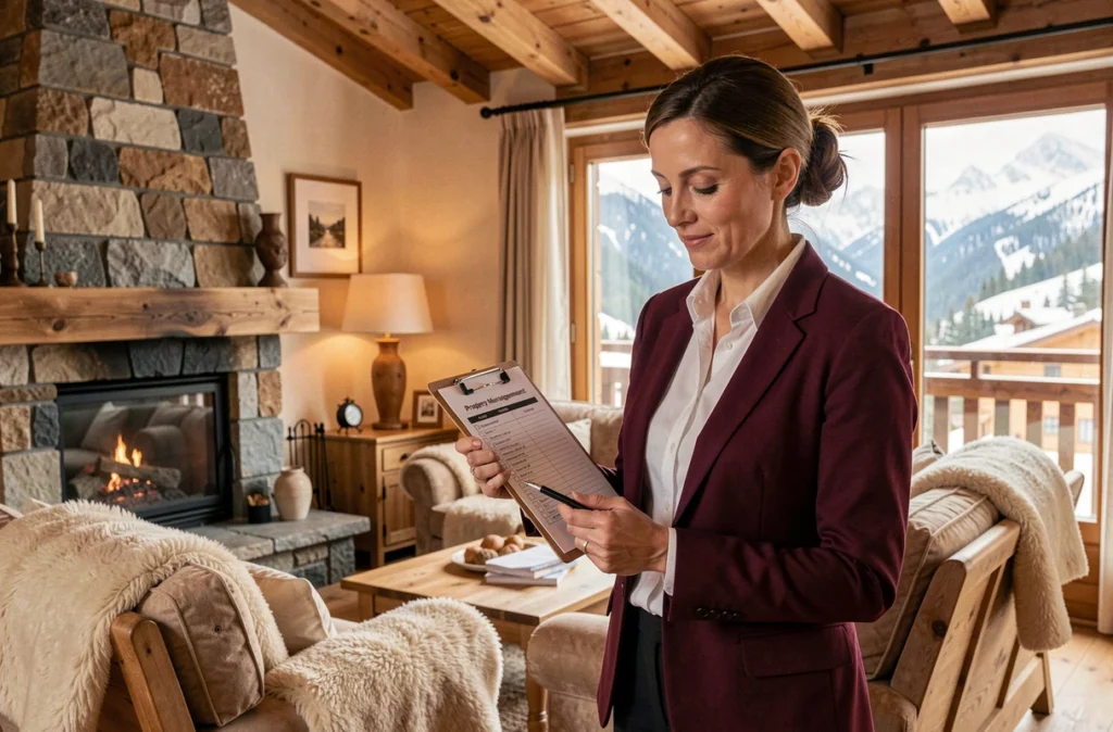 Gestionnaire de La Conciergerie de Savoie préparant un chalet de location pour des locataires en Haute-Savoie