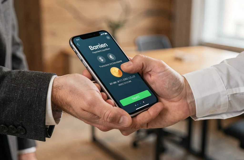 Gros plan sur un échange de smartphone confirmant un paiement international en stablecoin entre deux professionnels en costume